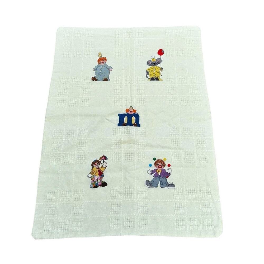 Vintage Handmade Embroidered Clowns Baby Blanket 41.5” X 31.5”